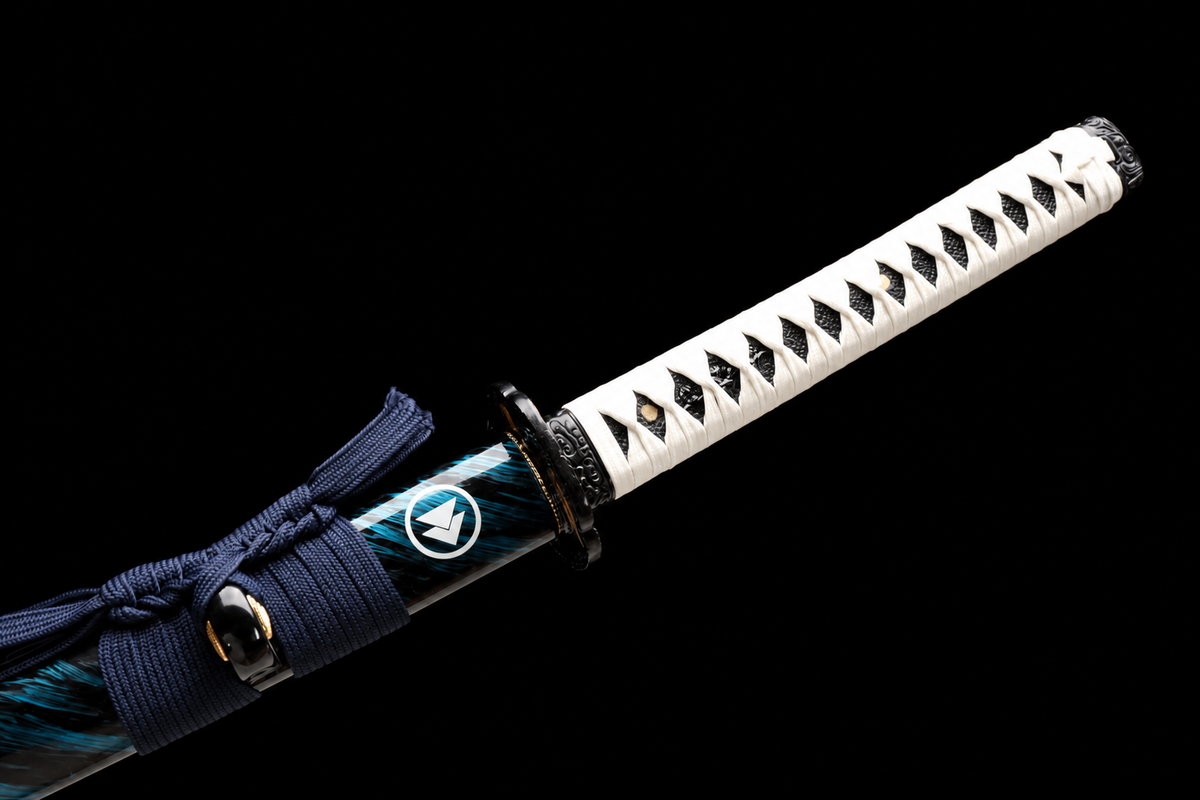 Unsharpened Mirror-Polished Collector Katana — High-Manganese Steel, Green-Bark Lacquer Saya — 柄部刀镡鞘口