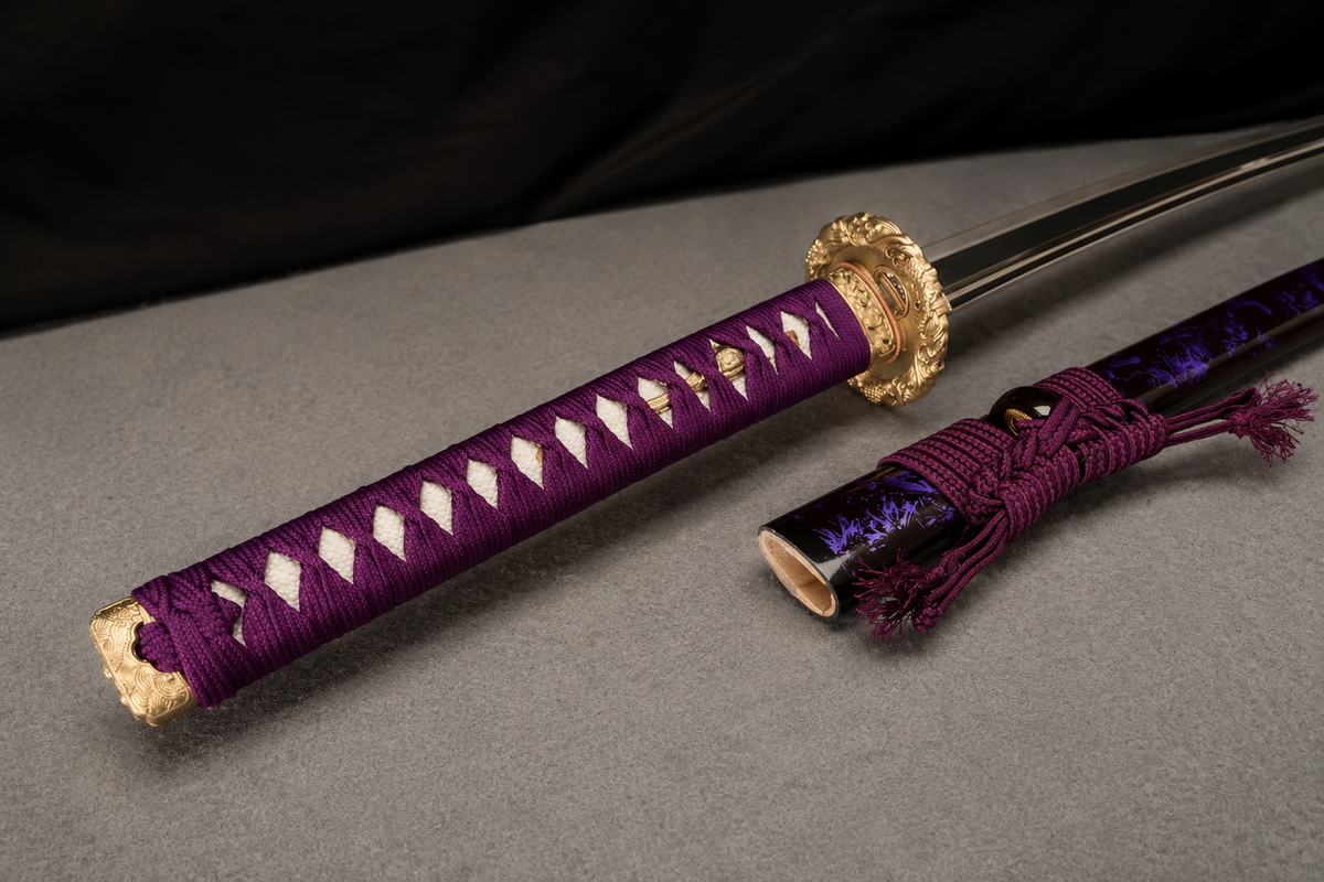 Unsharpened Purple-Flame Collector Katana — Slim Saya, Copper Fittings — tsuka and tsuba detail