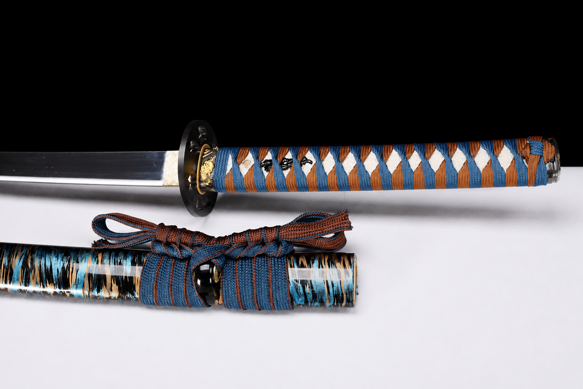Unsharpened Hira-Zukuri Collector Katana — Carbon Steel, Plain Iron Mounts — tsuka detail