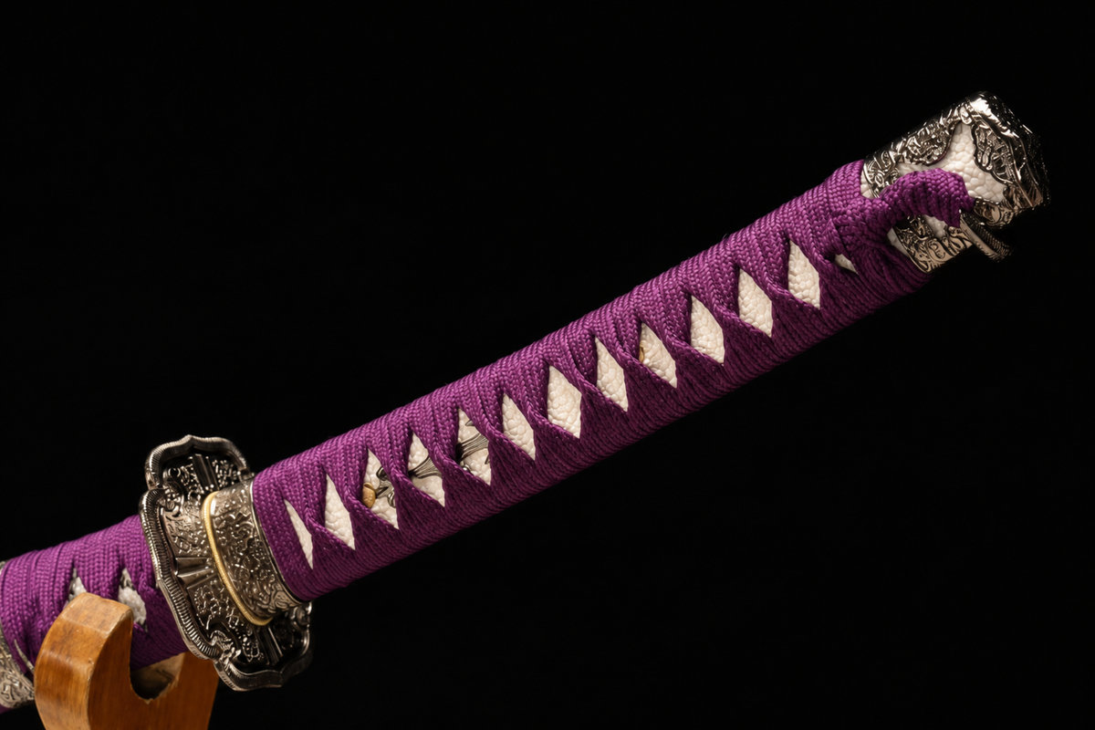 Unsharpened Viper-Pattern Deep-Curve Collector Tachi — 5160 Steel, Mirror Polish — tsuka detail