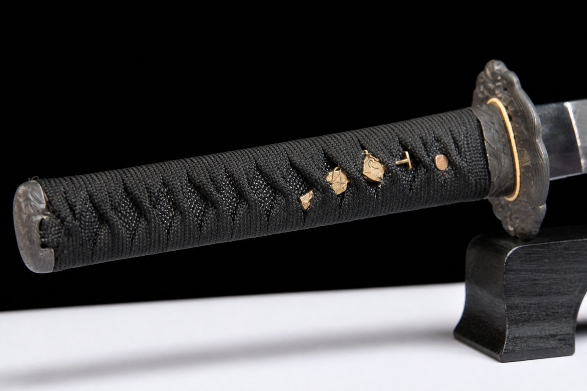 Unsharpened Patterned-Steel Collector Katana — Clay-Tempered, Aged Copper Fittings — tsuka and tsuba detail