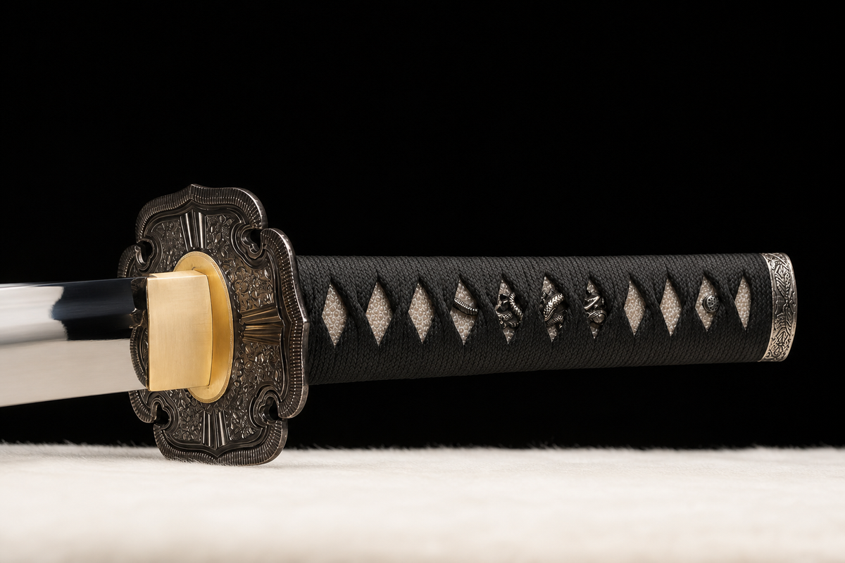Han-Tachi Katana — Mirror-Polished 5160, Textured Black Saya — tsuka detail