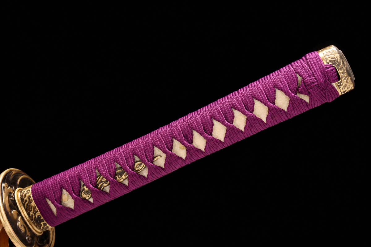 Unsharpened Copper-Mounted Collector Katana — 5160 Spring Steel, Cypress Lacquer Saya — tsuka detail