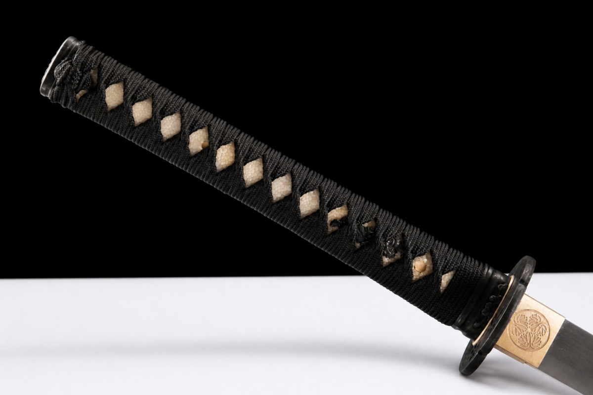 Unsharpened Black Sakura Collector Katana — 1065 Steel, Piano-Lacquer Saya — tsuka and tsuba detail