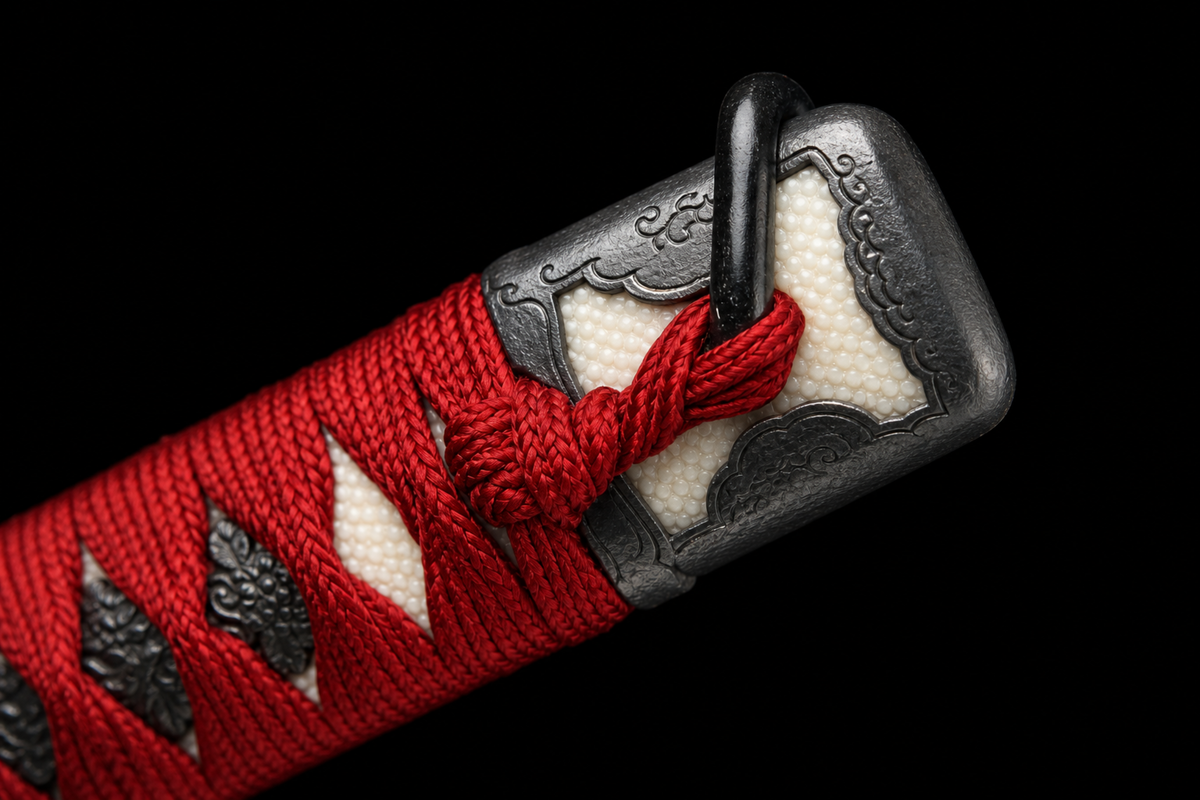 Unsharpened Shogunate Collector Tachi — Clay-Tempered, Wild Rayskin Tsuka — kashira detail