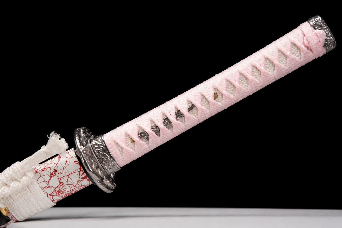 Unsharpened Python-Motif Collector Katana — 5160 Spring Steel, Copper-Alloy Fittings — tsuba and habaki junction