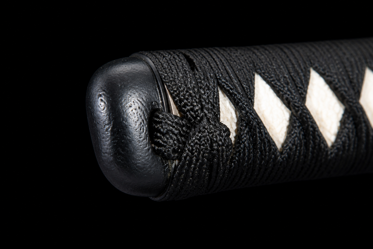 Unsharpened Lotus-Openwork Collector Katana — Clay-Tempered T10, Iron Tsuba — kashira detail