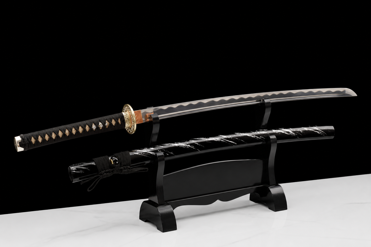 Drifting Shadow Katana — Streaked Black Saya, Copper Seppa — drawn, angled full view