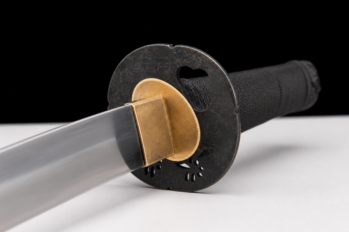 Unsharpened Black Sakura Collector Katana — 1065 Steel, Piano-Lacquer Saya — tsuba and habaki junction