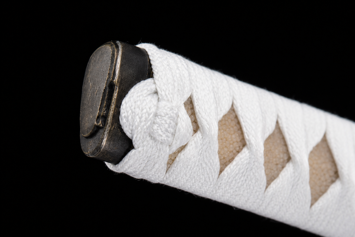 Unsharpened Platinum-Tone Collector Katana — 1065 Steel, White Dragonfly Tsuba — kashira detail