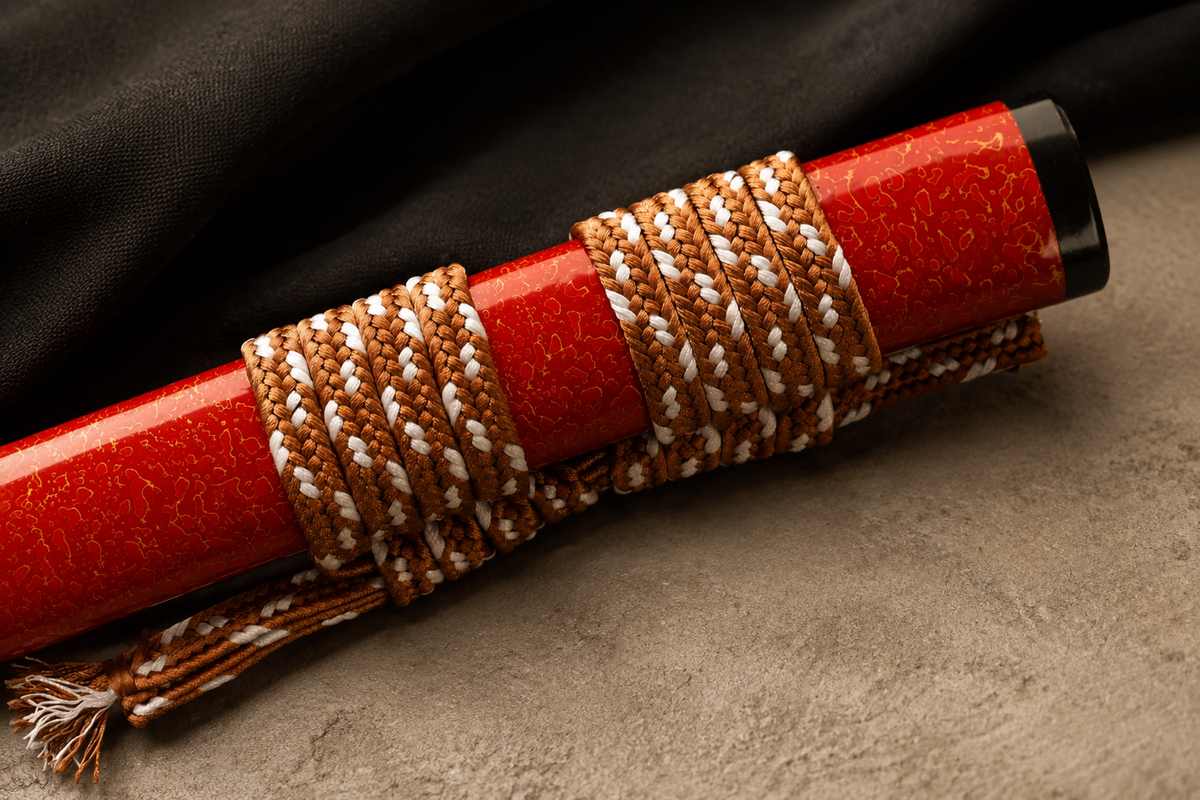 Unsharpened Collector Katana — T10 Tool Steel, Clay-Tempered, Copper Mounts — saya detail