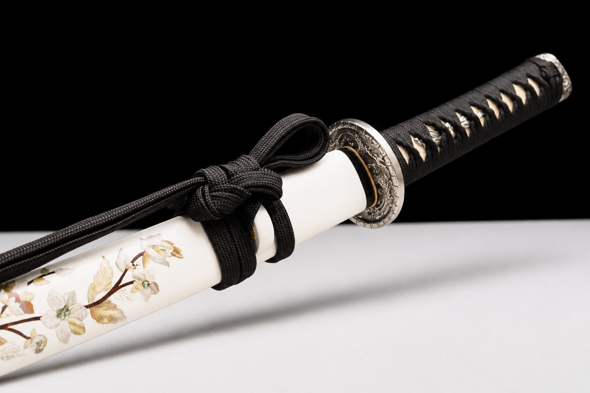 Unsharpened Lantern-Motif Collector Wakizashi — 5160 Steel, Copper-Alloy Fittings — 刀镡入鞘装具细节