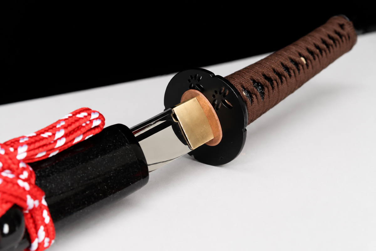 Unsharpened Dragonfly Collector Katana — Spring Steel, Plain Iron Mounts, Slim Saya — blade and mount junction