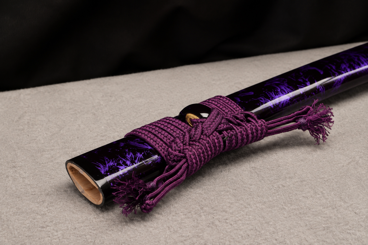 Unsharpened Purple-Flame Collector Katana — Slim Saya, Copper Fittings — saya and sageo detail