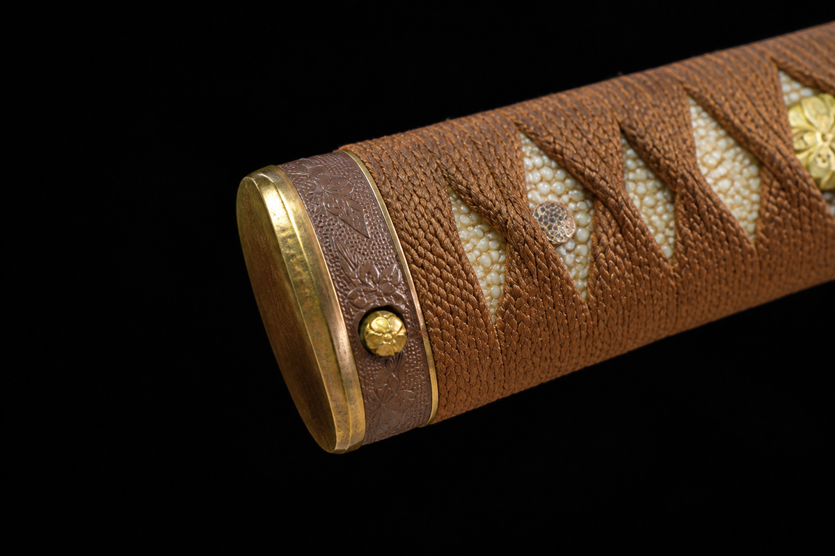 Folded Steel Type 98 Sword — Tan Ito, Studded Leather Saya — photograph 4