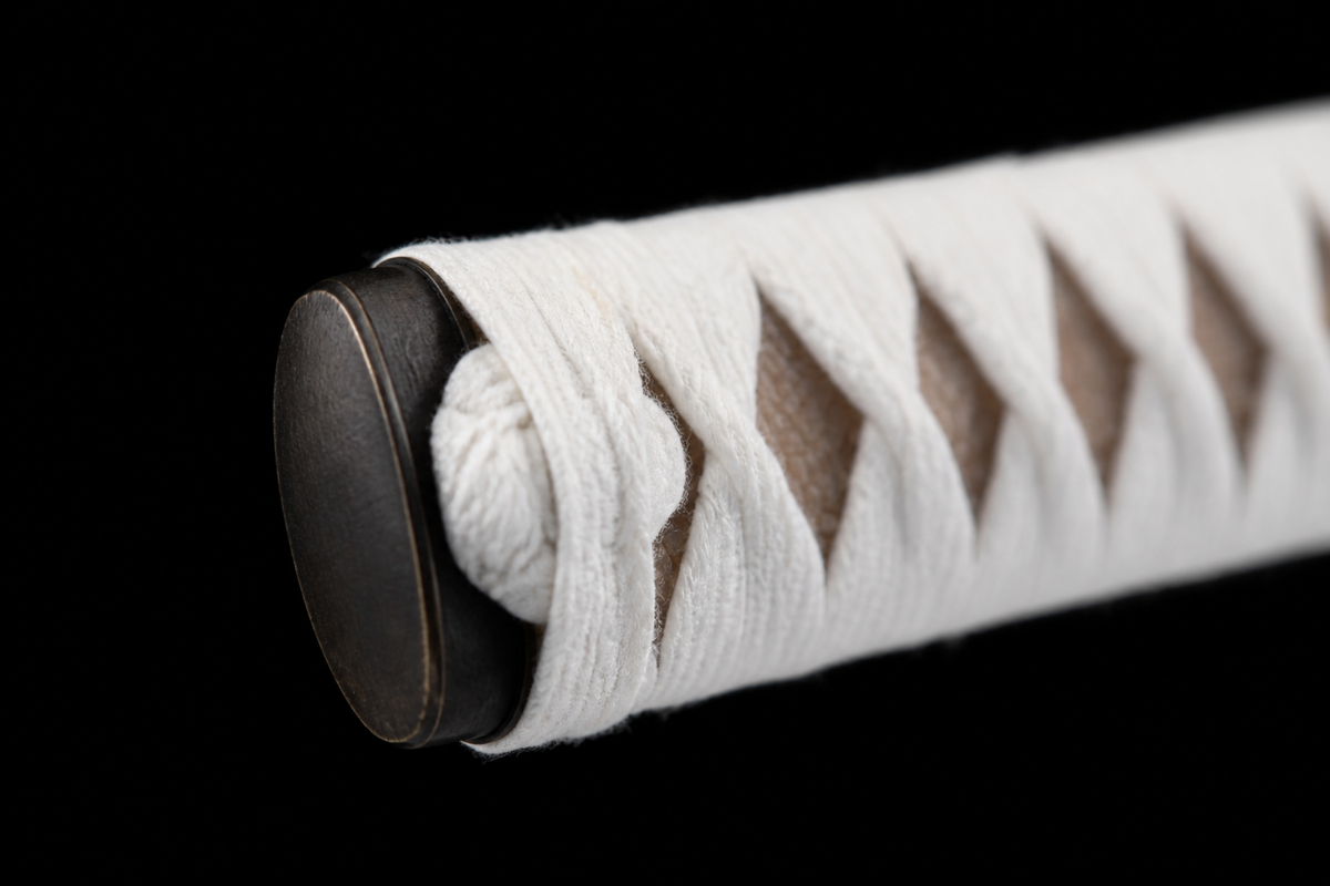 Unsharpened White Dragonfly Collector Katana — 1065 Steel, Piano-Lacquer Saya — kashira detail