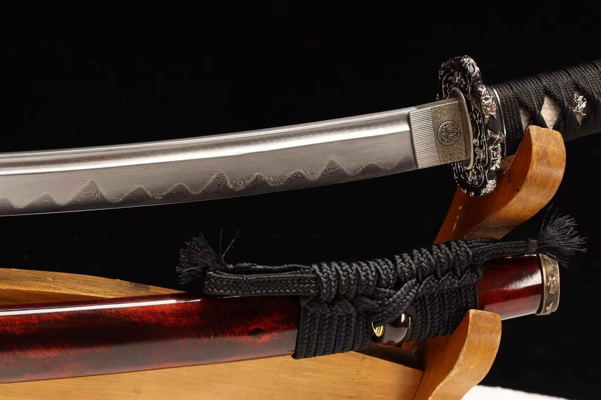 Unsharpened Silver-Tone Collector Katana — Clay-Tempered, True Yokote — tsuba and habaki junction