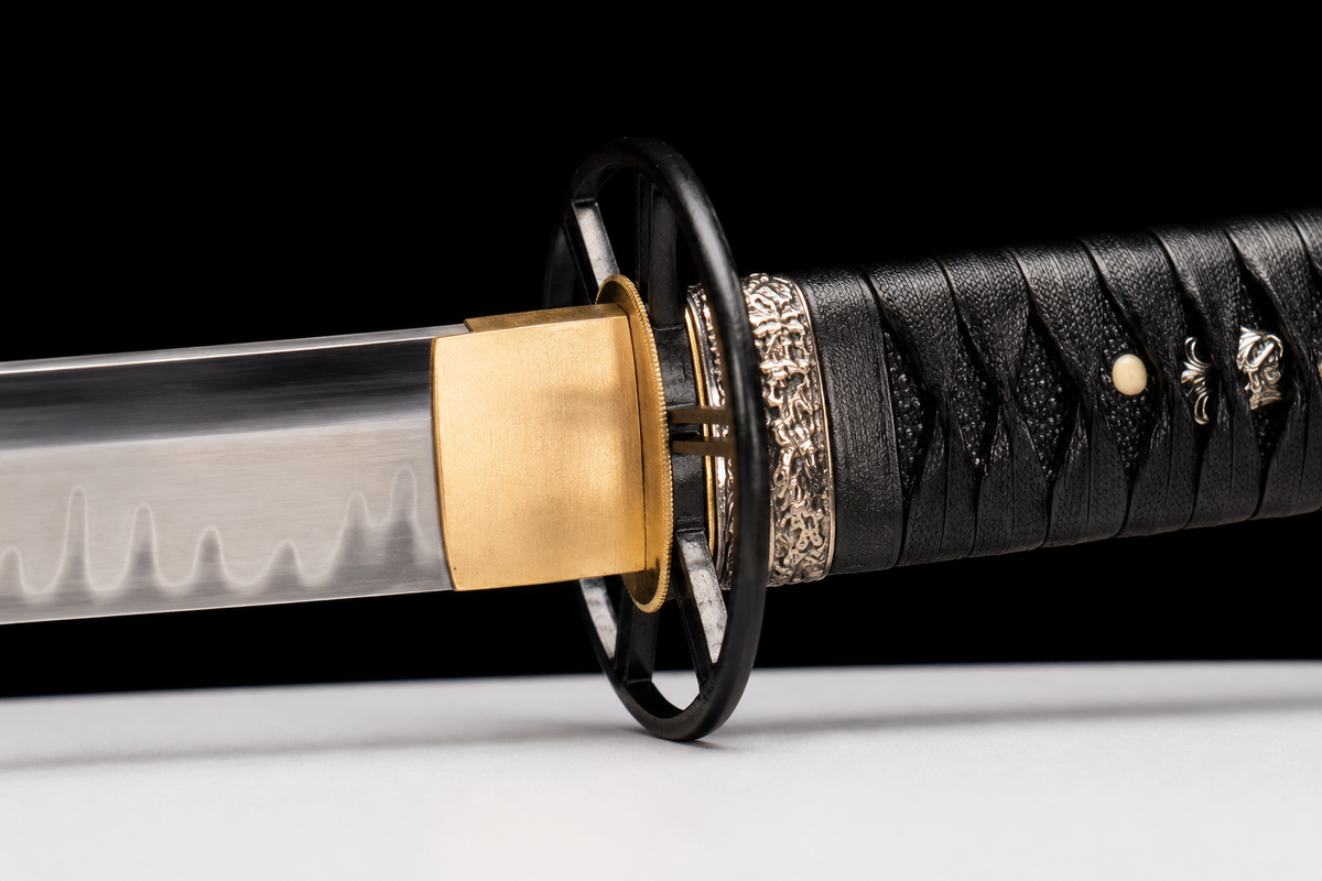 Unsharpened Curved-Tsuka Han-Tachi — Clay-Tempered T10, Alloy Fittings — tsuba and habaki junction