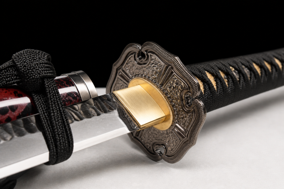 Unsharpened Tokugawa Hammered-Finish Collector Tachi — T10 Tool Steel, Alloy Fittings — tsuba and habaki junction