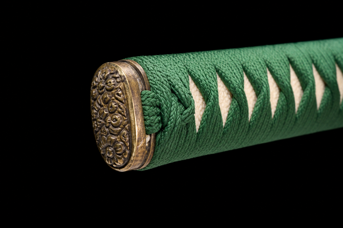 Karakusa Katana — Clay-Tempered T1095, Wine Saya, Green Ito — kashira detail