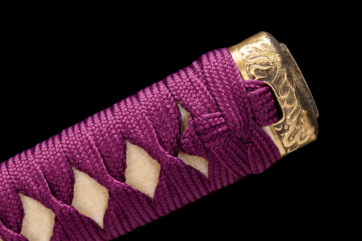 Unsharpened Copper-Mounted Collector Katana — 5160 Spring Steel, Cypress Lacquer Saya — kashira detail