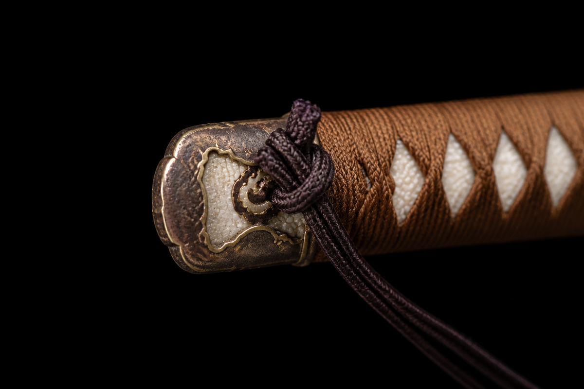 T10 Clay-Tempered Type 98 Sword — Tan Ito, Olive Iron Saya — photograph 4