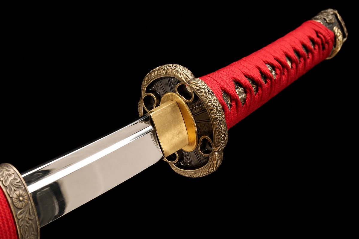Unsharpened Chrysanthemum Mirror Collector Tachi — 65Mn Steel, Alloy Fittings — tsuba and habaki junction