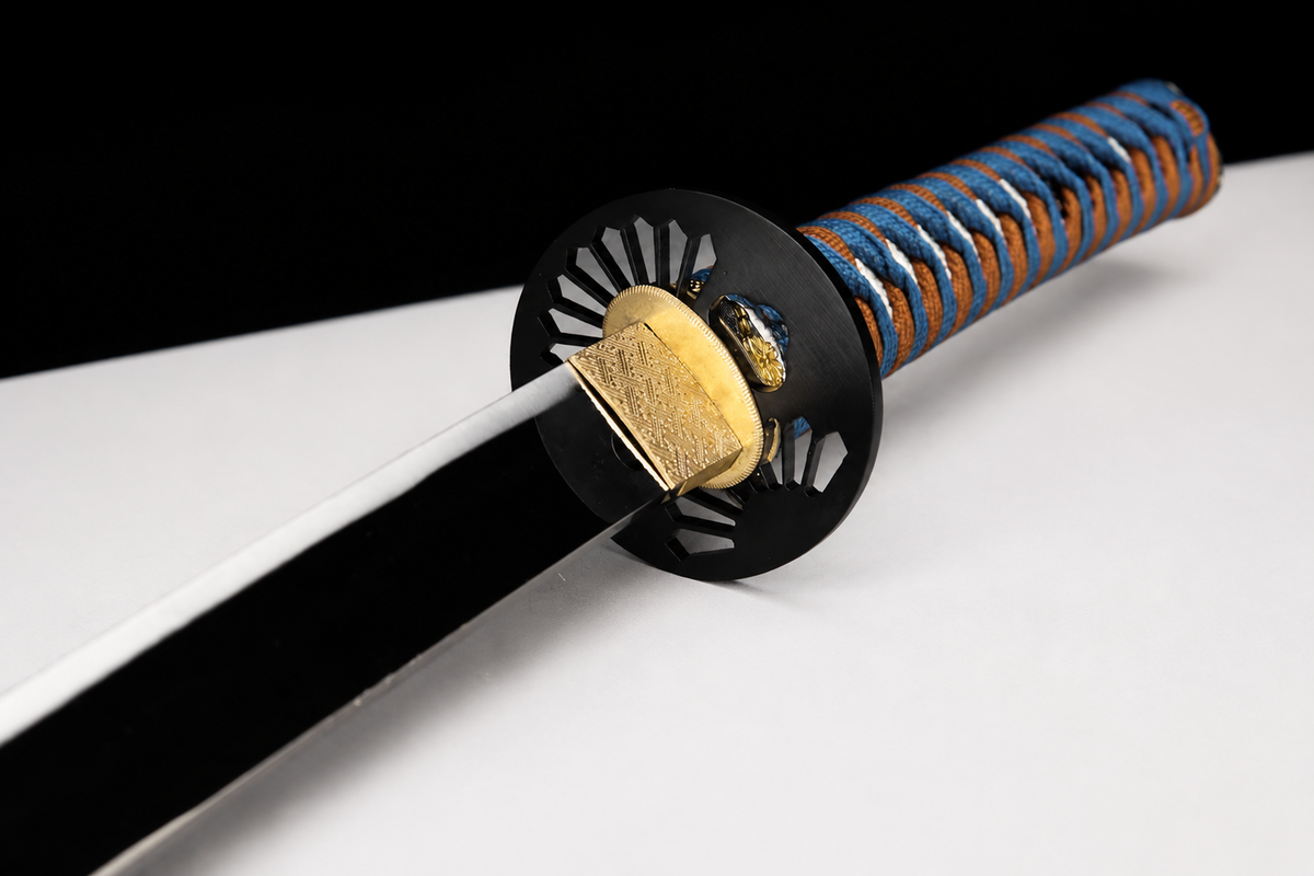 Unsharpened Hira-Zukuri Collector Katana — Carbon Steel, Plain Iron Mounts — blade and mount junction