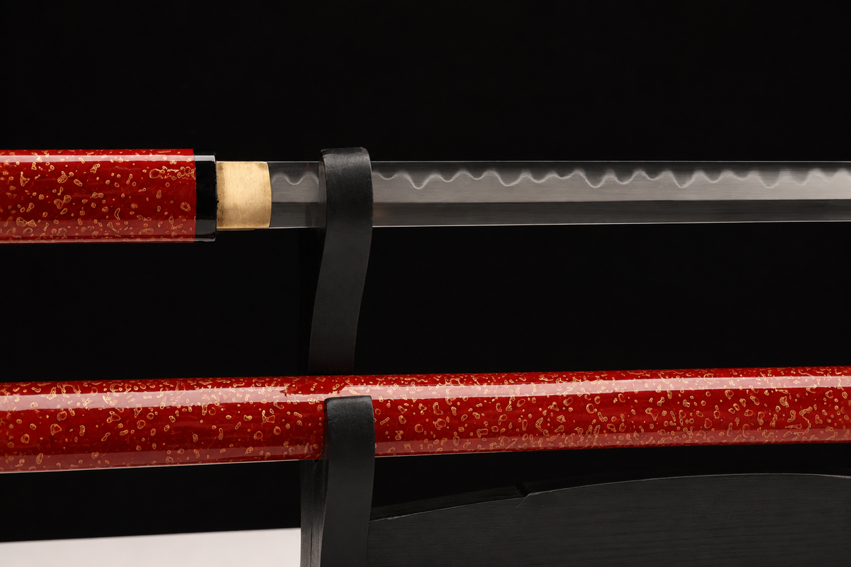 Unsharpened Straight-Blade Ninjato Collector Sword — T10 Tool Steel, Clay-Tempered — blade and mount junction