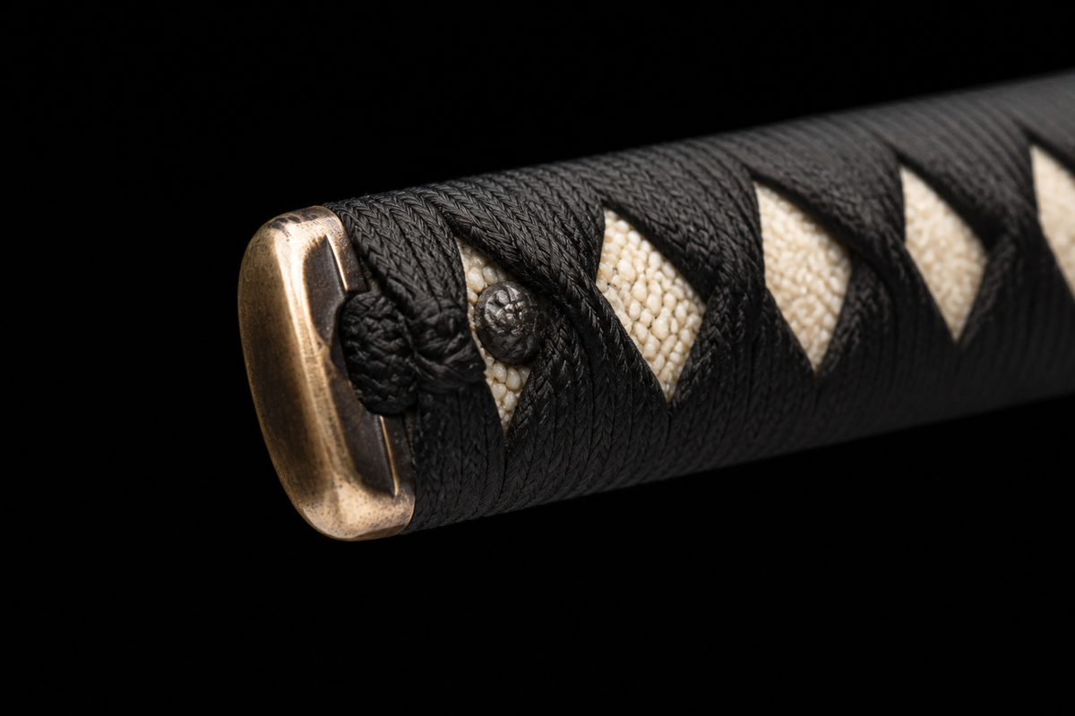 Rising Dragon Katana — Vermilion Saya, Gold Openwork Tsuba — kashira detail