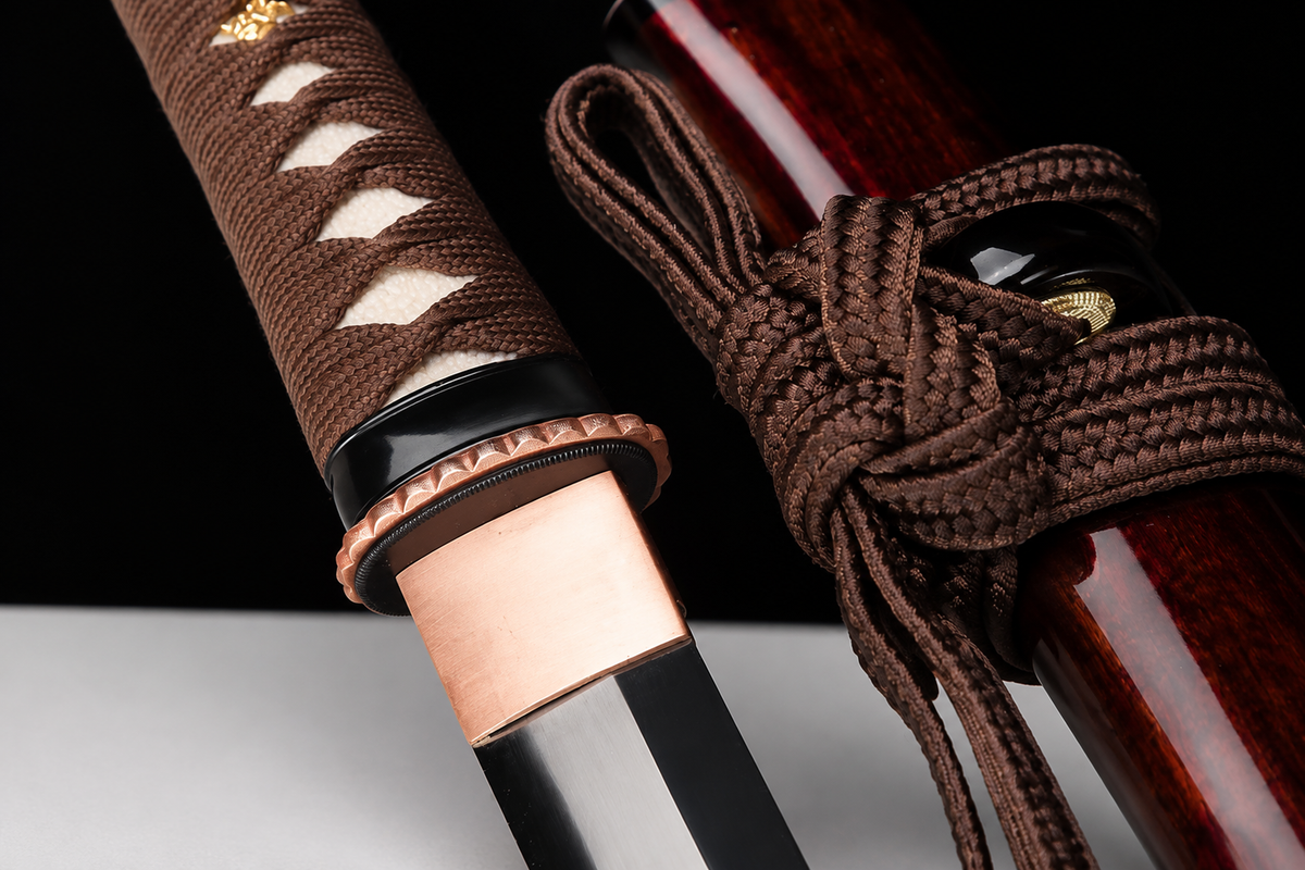 Unsharpened Collector Wakizashi — T10 Tool Steel, Clay-Tempered, Copper Tsuba — blade and mount junction