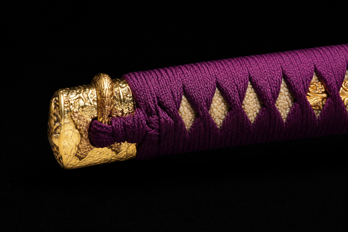 Purple Cloud Tachi — Mirror-Polished 1060, Burgundy Kamon Saya — kashira detail
