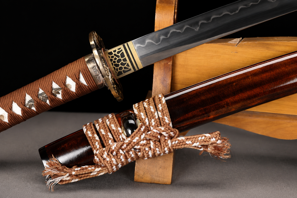 Unsharpened Bamboo-Tiger Collector Wakizashi — Clay-Tempered T10, Copper Fittings — saya and sageo detail
