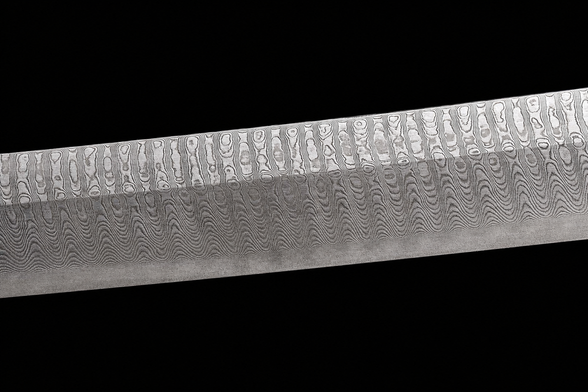 Unsharpened Ladder-Pattern Collector Iaito — Patterned Steel, Horn and White-Wood Mounts — 大马天梯纹刀身特写