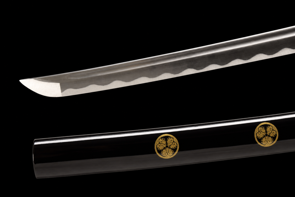 Dragon Plum Katana — Black Kamon Saya, Red-Accent Ito — kissaki and saya pattern detail