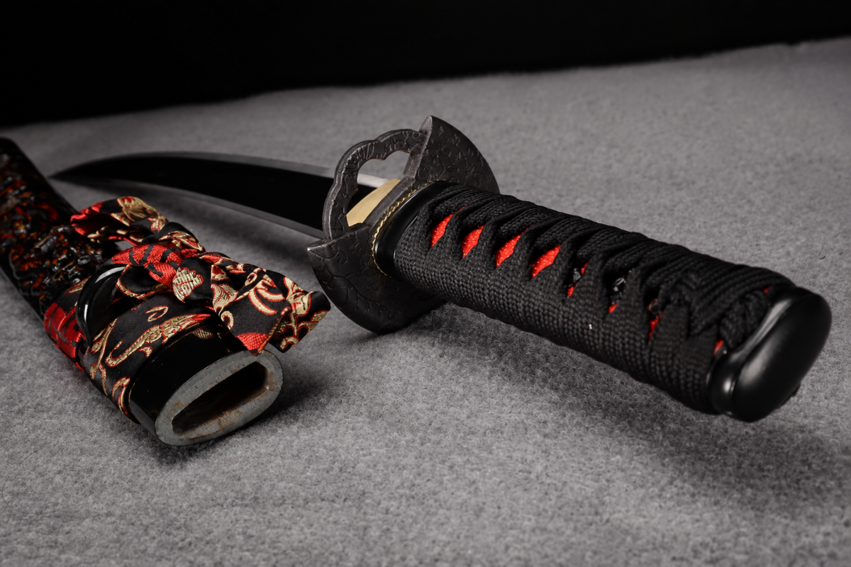 Unsharpened Collector Wakizashi — 1065 Carbon Steel, Mirror Polish — tsuka detail