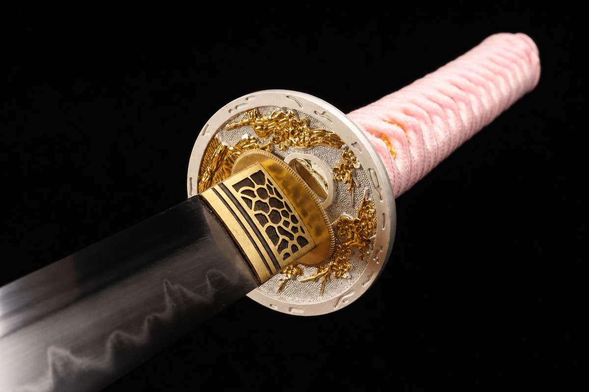 Unsharpened Pink Collector Katana — T10 Tool Steel, Clay-Tempered, Bo-Hi — tsuba and fittings detail