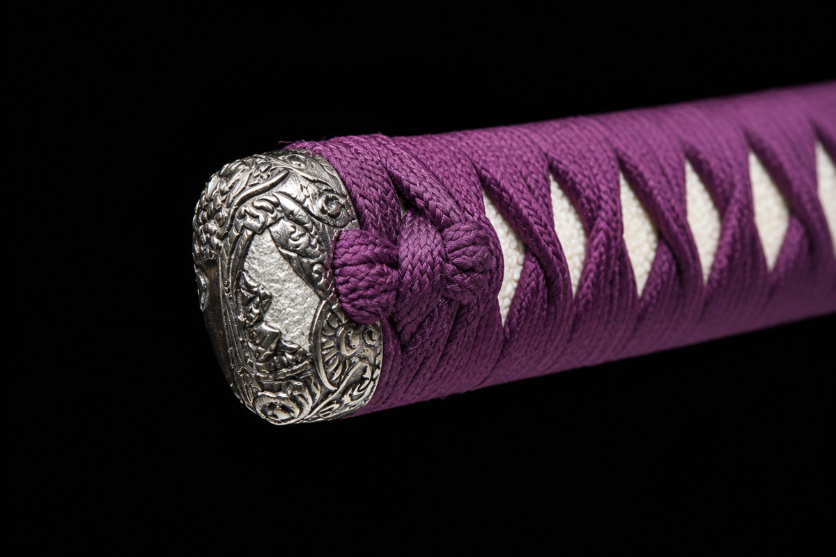Unsharpened Viper-Pattern Deep-Curve Collector Tachi — 5160 Steel, Mirror Polish — kashira detail