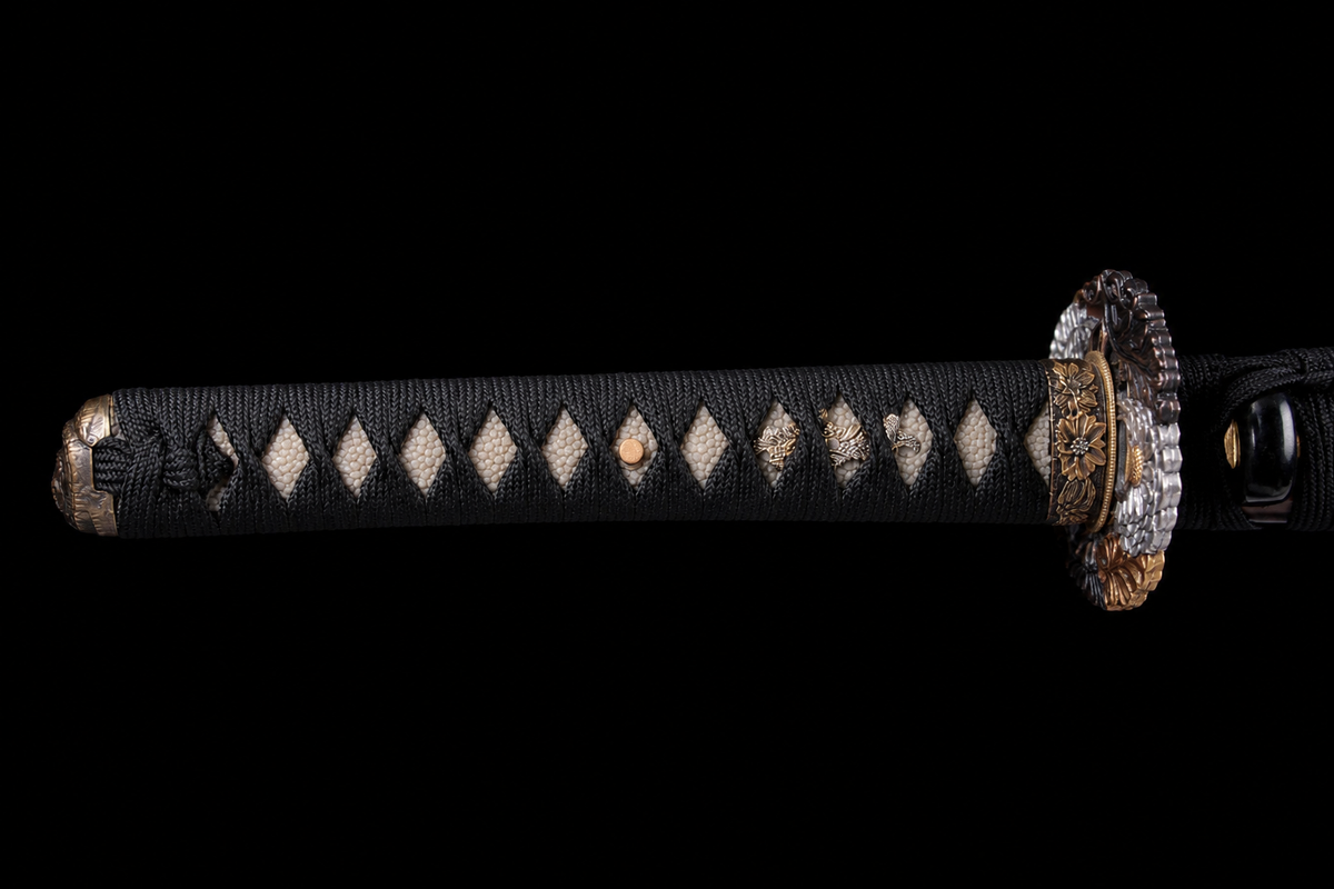 T10 Midare Short Sword — Black Ito, Wood Saya — photograph 4