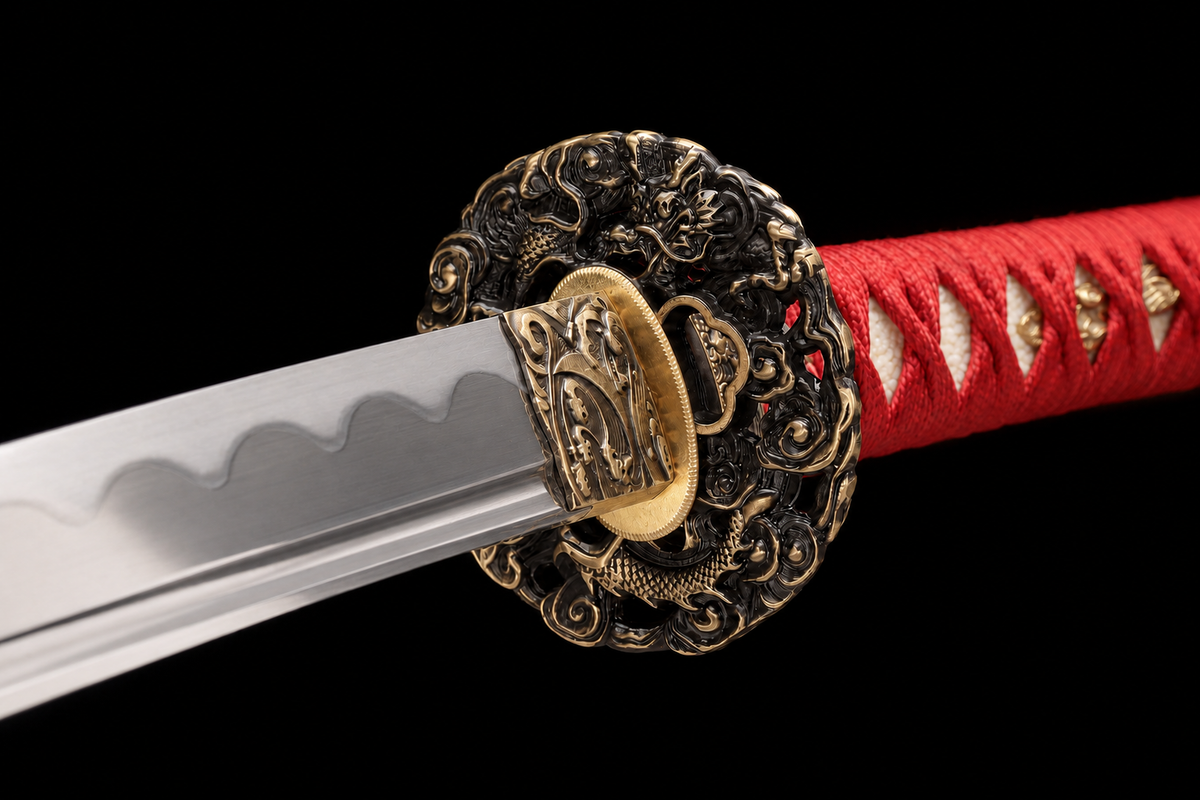 Wave Dragon Katana — Mirror-Polished 5160, Bo-Hi and True Yokote — dragon tsuba and gold habaki, close view