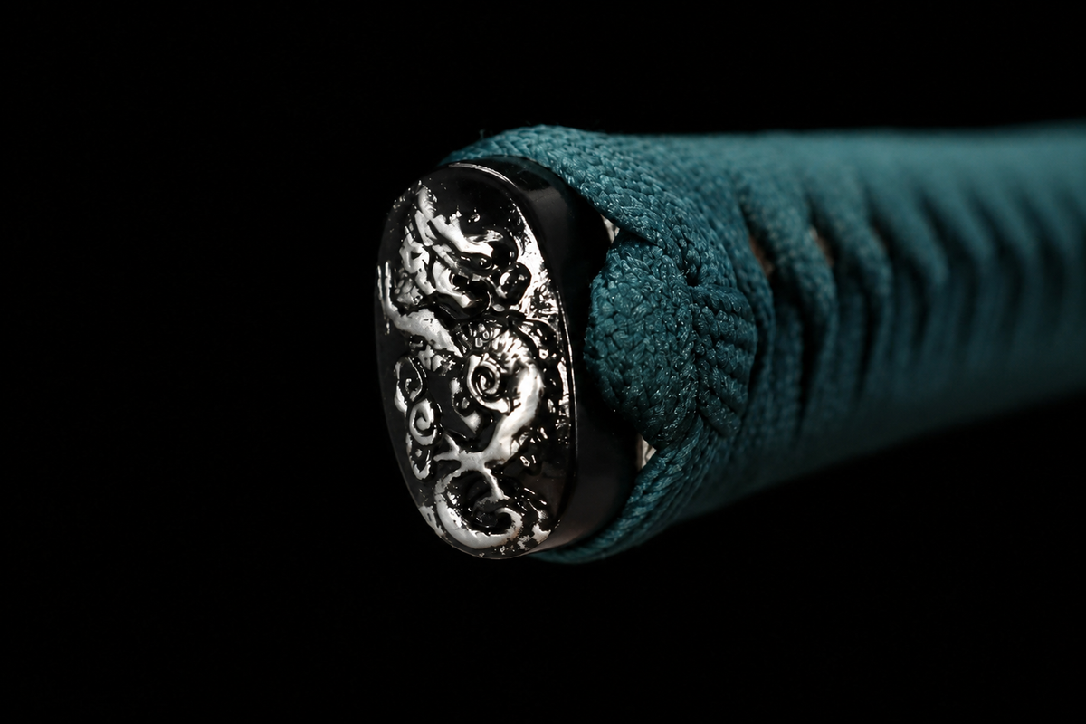 Unsharpened Hira-Zukuri Silver-Dragon Collector Katana — Mirror Polish, Alloy Fittings — kashira detail