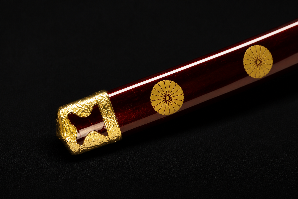 Purple Cloud Tachi — Mirror-Polished 1060, Burgundy Kamon Saya