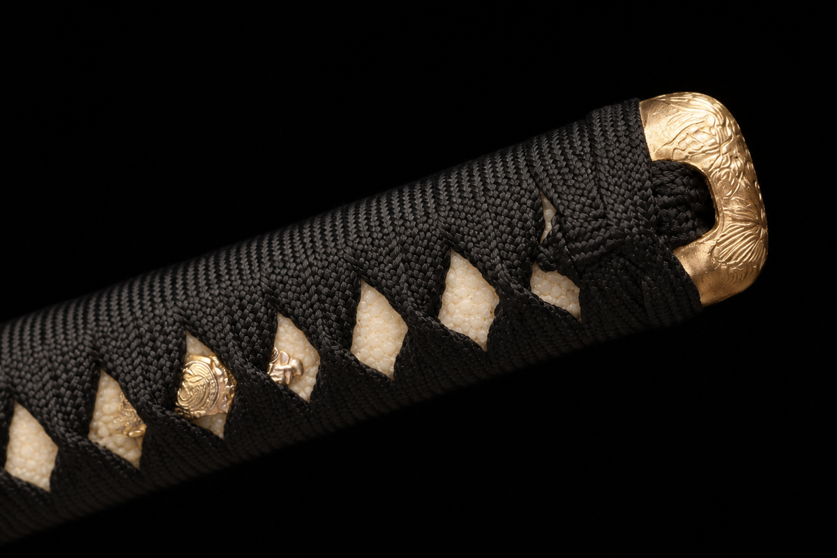 Chrysanthemum-Tsuba Katana — Mirror-Polished 5160, Red Mottled Saya — kashira detail