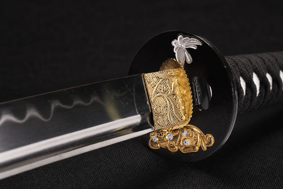 Unsharpened Gilt-Lion Collector Katana — Clay-Tempered T10, Lacquered Saya — tsuba and habaki junction