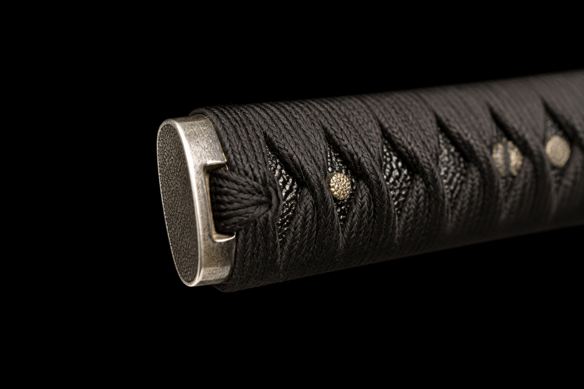 Eagle-Motif Katana — Mirror-Polished 5160, Black Lacquered Saya — kashira detail