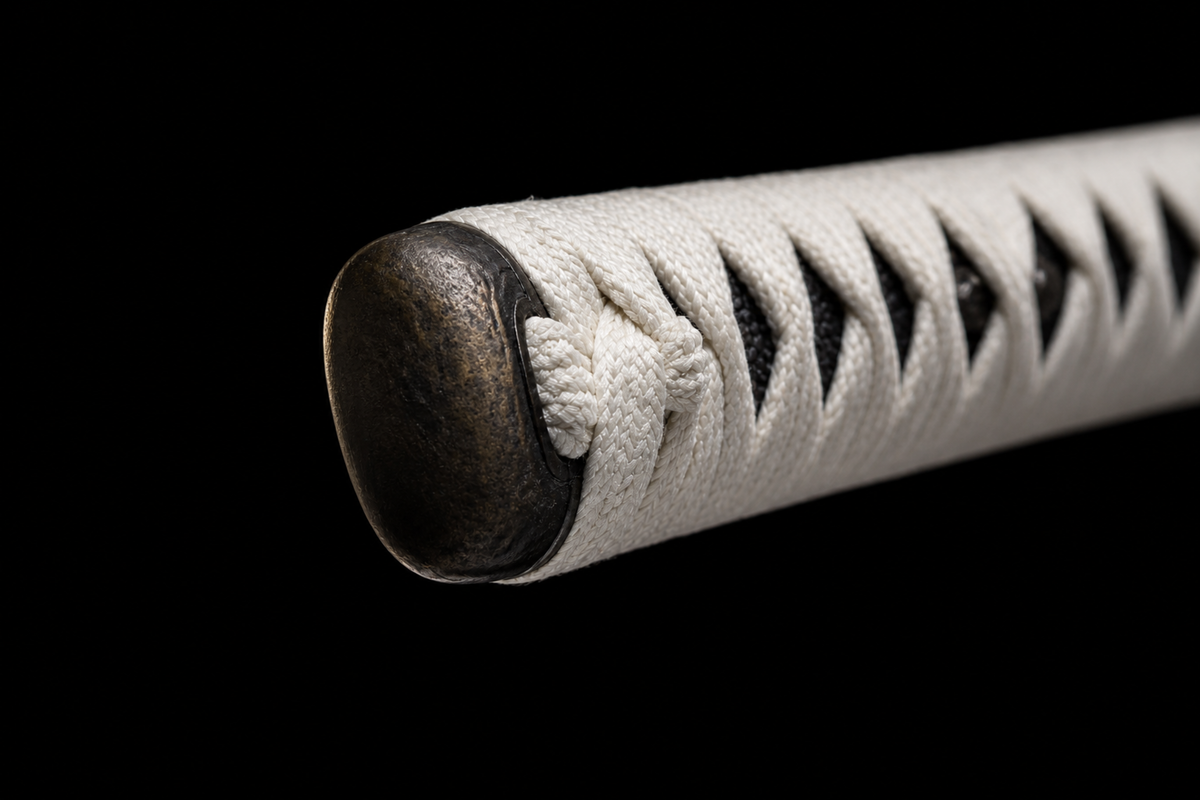 Odachi — 130 cm Patterned Steel, Ivory Ito, Gold-Plated Tsuba — kashira detail