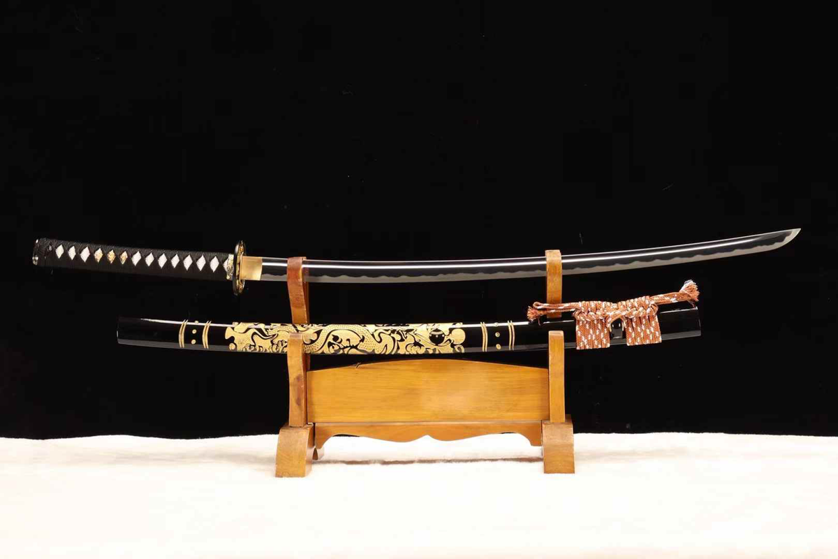 Unsharpened Gold-Dragon Relief Collector Katana — 5160 Steel, Copper Fittings — tsuba and habaki junction