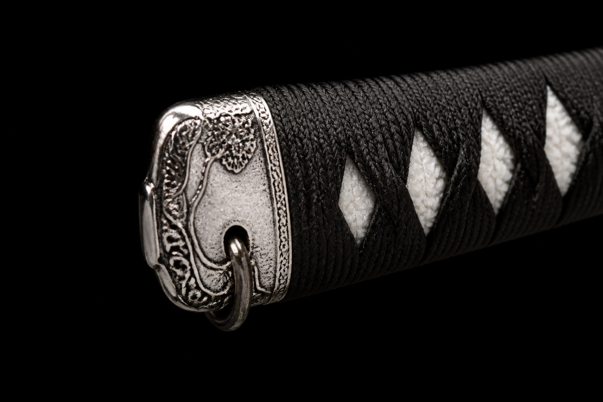 Angled-Tsuka Katana — Mirror-Polished 5160, Plum-Pattern Saya — kashira detail