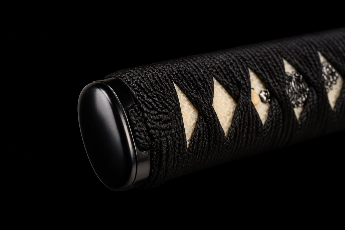 Wave-Hamon Katana — Clay-Tempered T1095, Bo-Hi and True Yokote — kashira detail