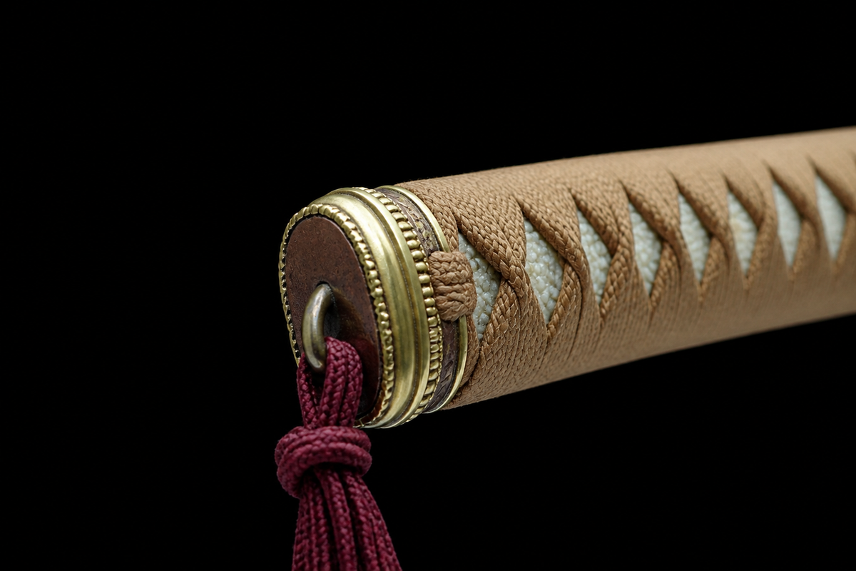 Folded Steel Type 98 Sword — Tan Ito, Brown Leather Saya — photograph 4